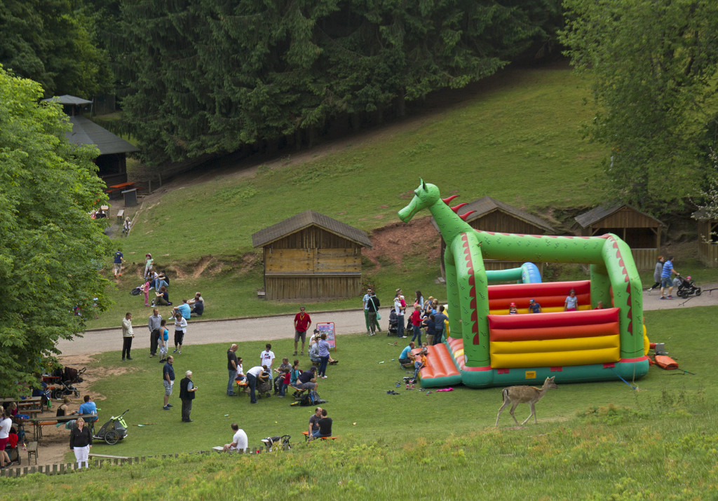 Besucherwiese mit Hüpfburg im Wild- und Wanderpark Silz